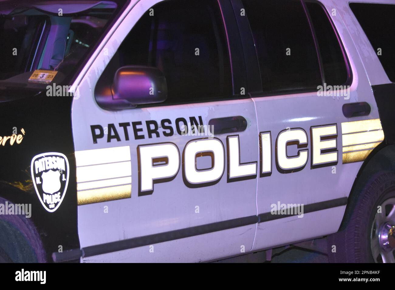 Paterson, United States. 18th Apr, 2023. Police vehicles present at the