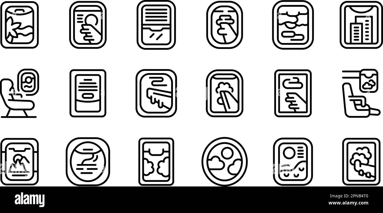Airplane window icons set outline vector. Plane flight. Air travel Stock Vector