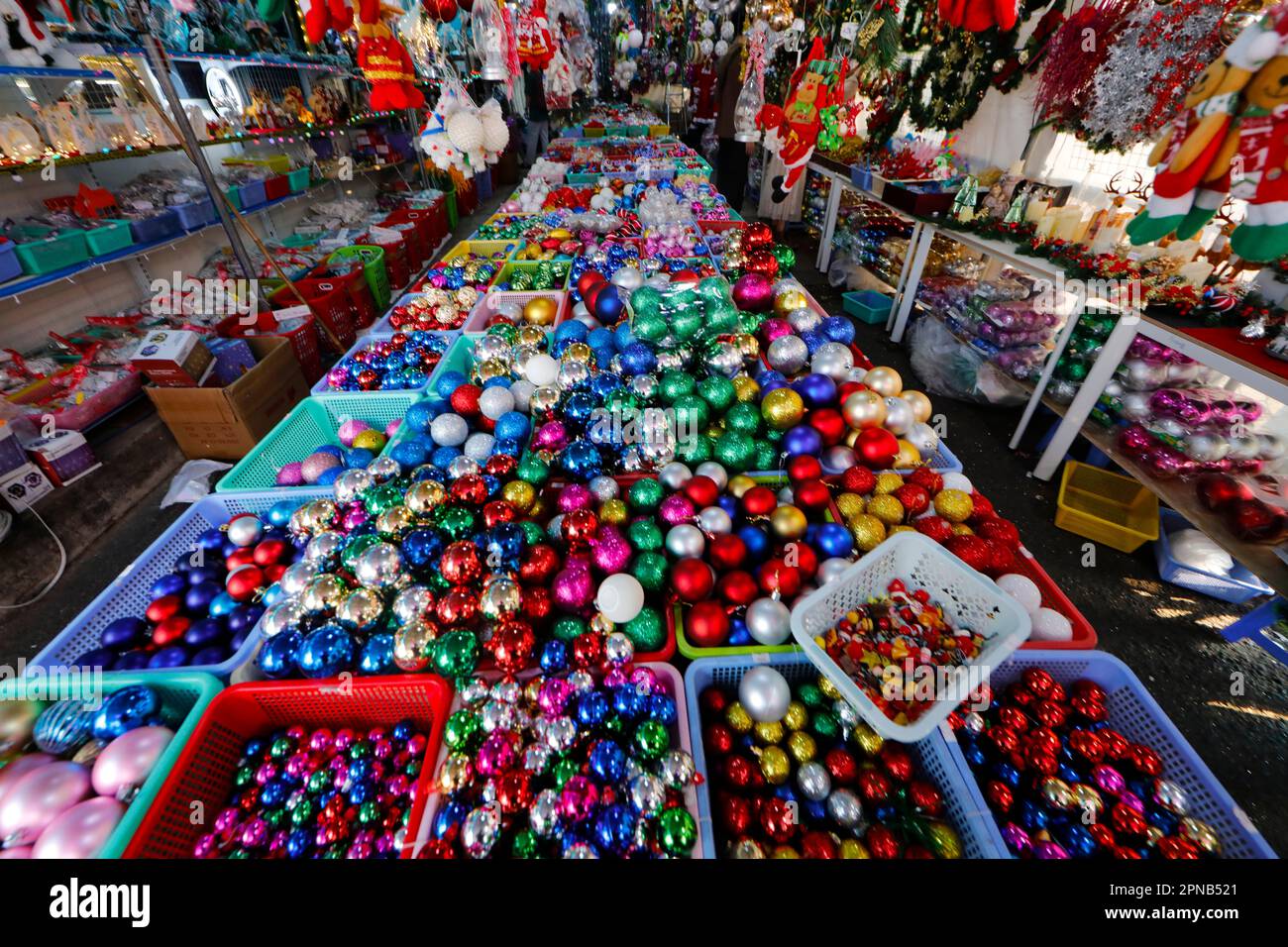 Christmas market. Selection of christmas decoration for sale.  Ho Chi Minh City. Vietnam. Stock Photo