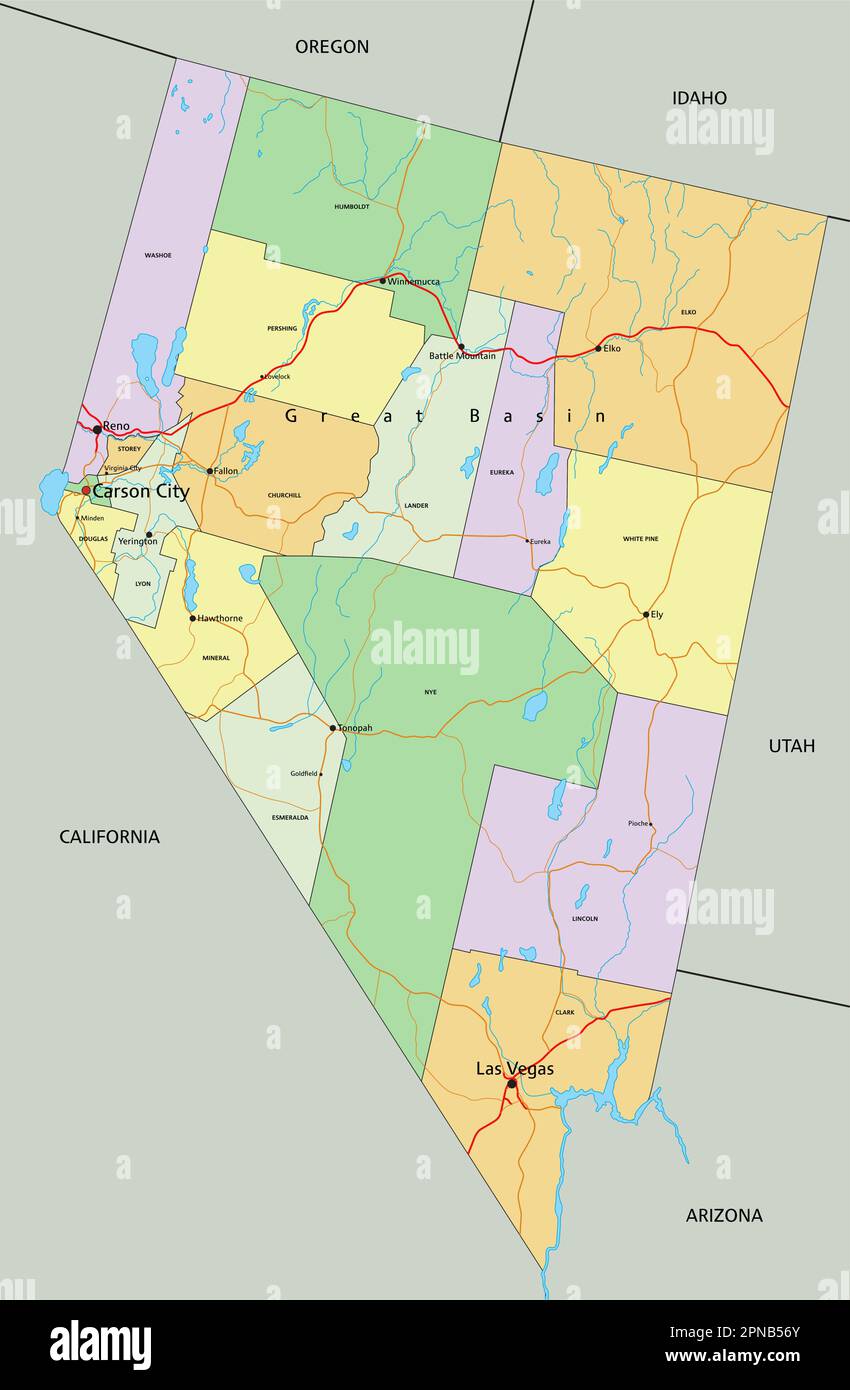 Nevada - Highly detailed editable political map with labeling Stock ...