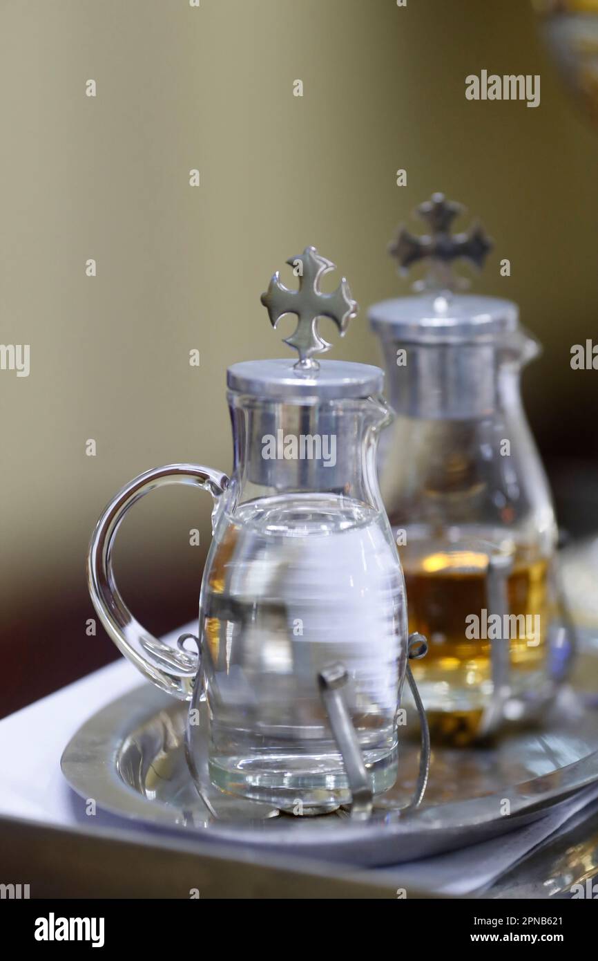 Sunday mass. Eucharist celebration. Eucharist table with the liturgical