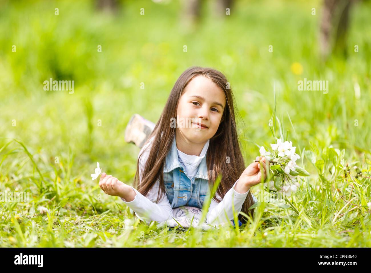 Portrait of a smiling little girl lying on green grass Stock Photo - Alamy