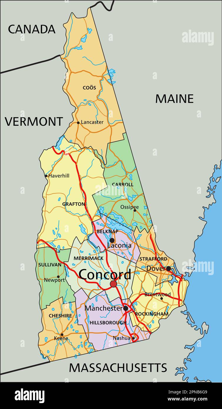 New Hampshire Highly detailed editable political map with labeling Stock Vector Image & Art