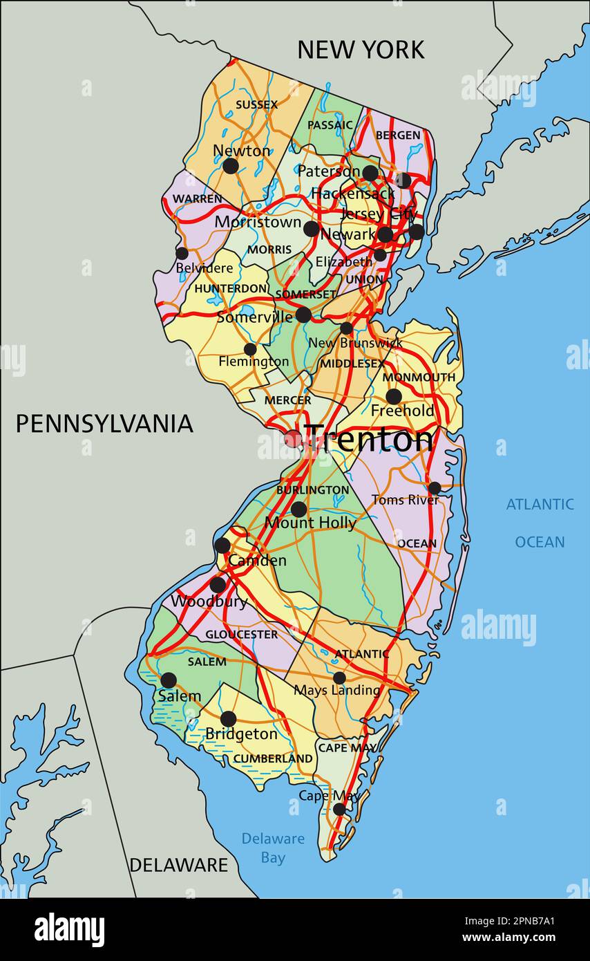 New Jersey - Highly detailed editable political map with labeling Stock ...