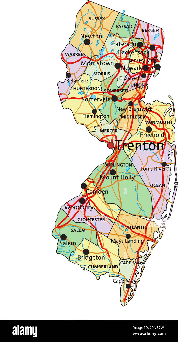 New Jersey - Highly detailed editable political map with labeling Stock ...