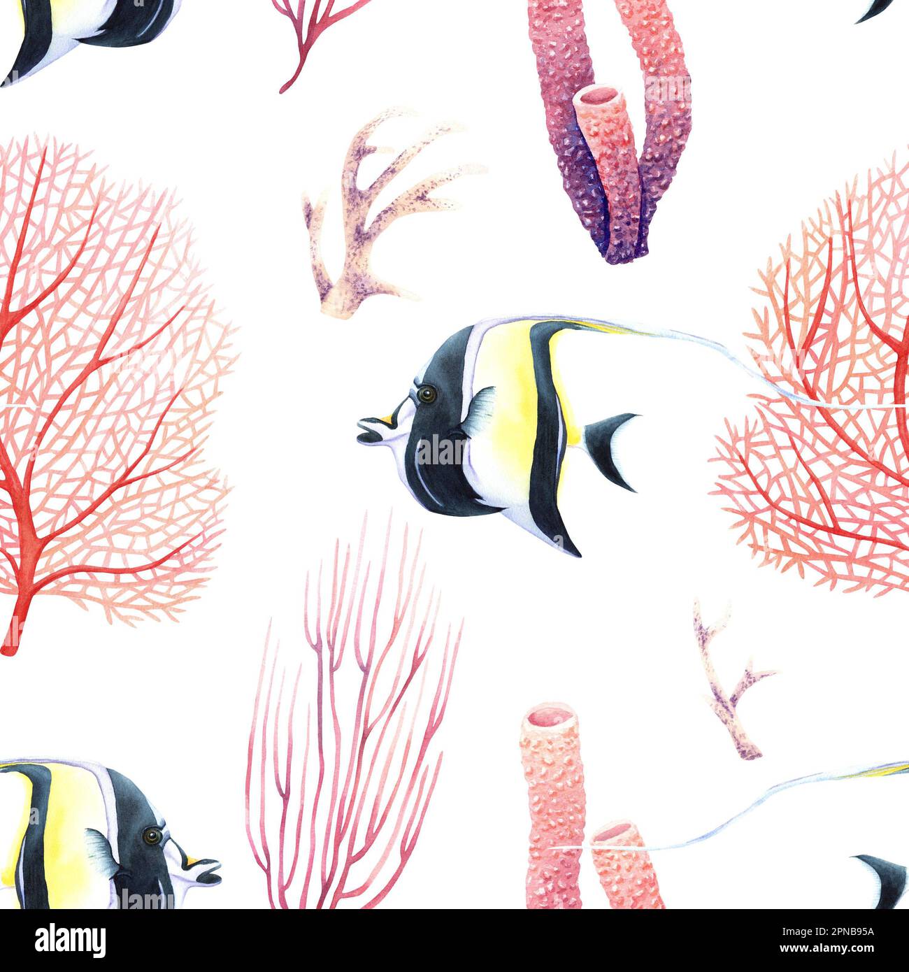 Watercolor seamless pattern with sea reef corals and tropical fish ...