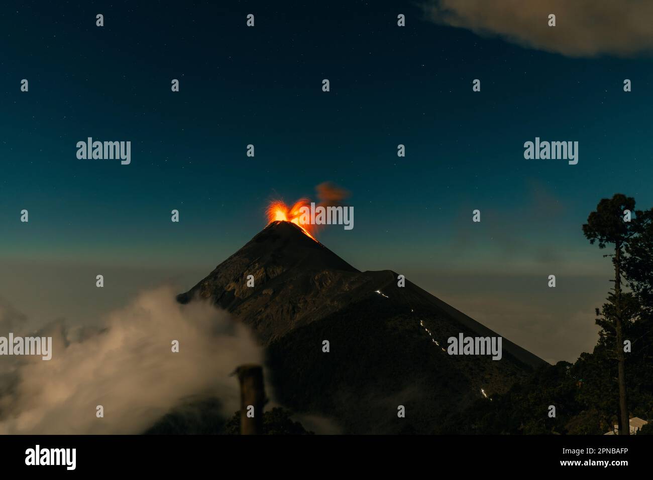 Volcano Fuego erupting at night from view of Volcano Acatenango ...