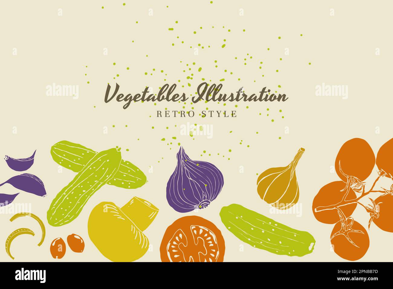 Vegetables illustration background hand drawn retro colors style vector Stock Vector