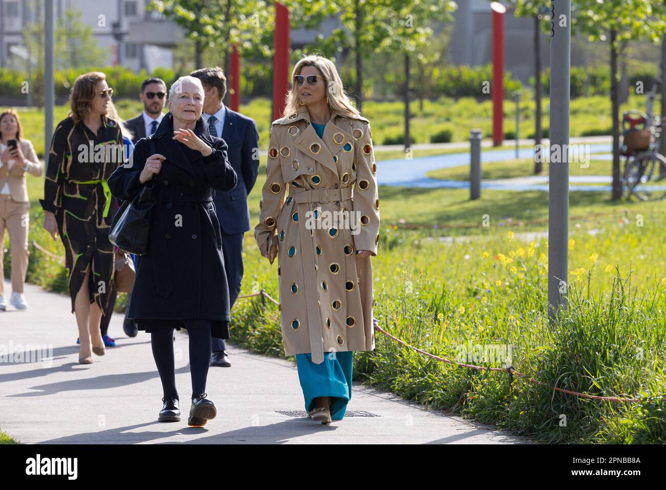 Milan, Italy. 18th Apr, 2023. HRH the Queen of Holland Máxima Zorreguieta Cerruti with Petra Blaisse (architect of Parco della Musica) take a stroll at Parco della Musica during Milan furniture exhibition, Milan, April 18th, 2023. Photo by Marco Piovanotto/Abacapress.com Credit: Abaca Press/Alamy Live News Stock Photo