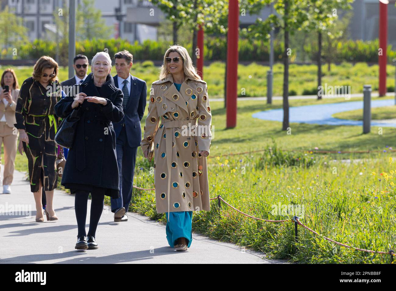 Milan, Italy. 18th Apr, 2023. HRH the Queen of Holland Máxima Zorreguieta Cerruti with Petra Blaisse (architect of Parco della Musica) take a stroll at Parco della Musica during Milan furniture exhibition, Milan, April 18th, 2023. Photo by Marco Piovanotto/Abacapress.com Credit: Abaca Press/Alamy Live News Stock Photo