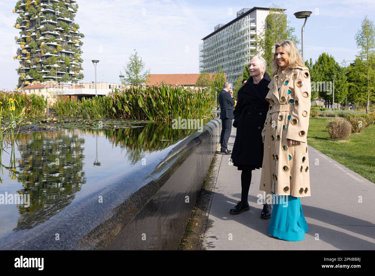 Milan, Italy. 18th Apr, 2023. HRH the Queen of Holland Máxima Zorreguieta Cerruti with Petra Blaisse (architect of Parco della Musica) take a stroll at Parco della Musica during Milan furniture exhibition, Milan, April 18th, 2023. Photo by Marco Piovanotto/Abacapress.com Credit: Abaca Press/Alamy Live News Stock Photo