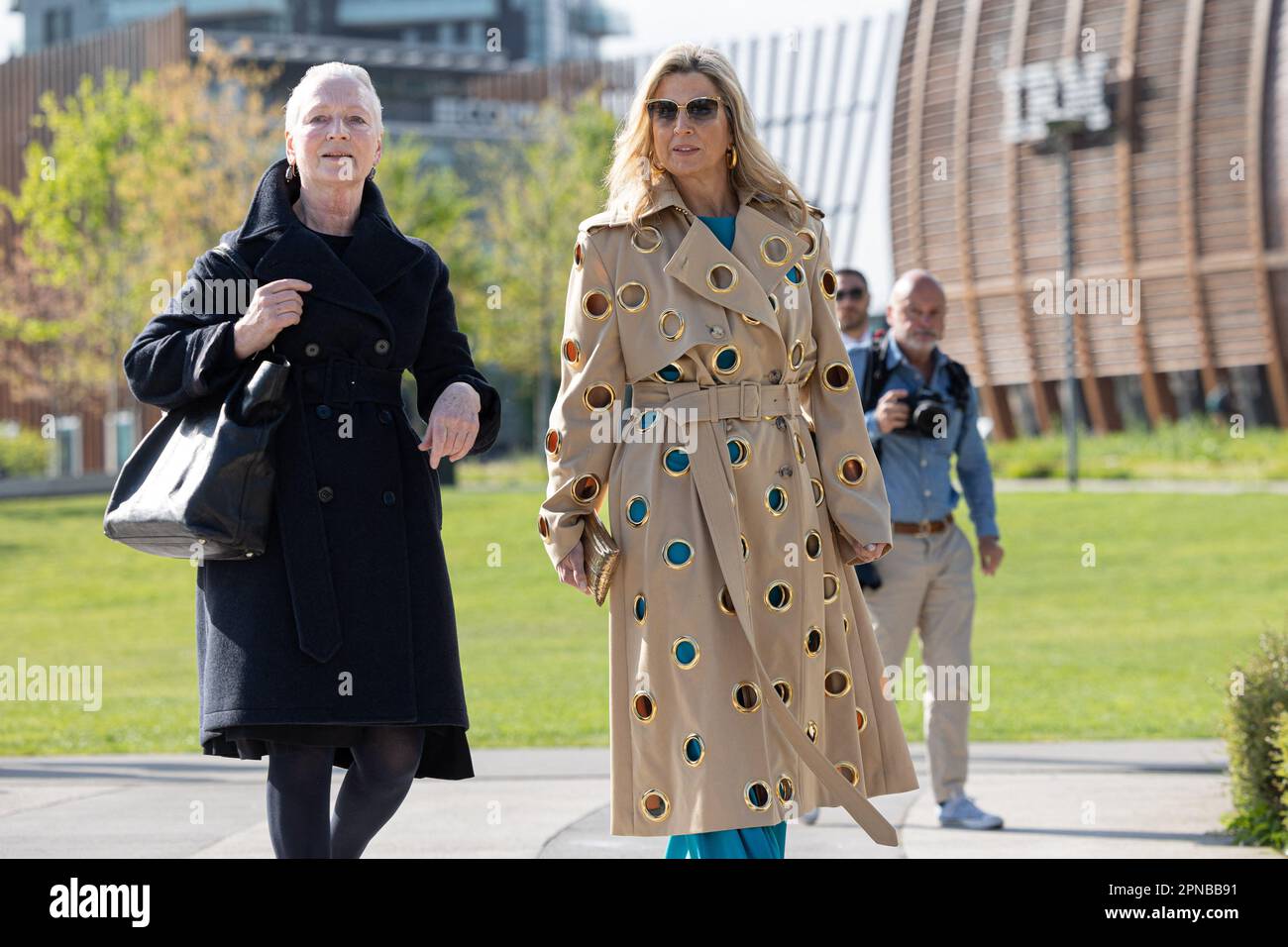 Milan, Italy. 18th Apr, 2023. HRH the Queen of Holland Máxima Zorreguieta Cerruti with Petra Blaisse (architect of Parco della Musica) take a stroll at Parco della Musica during Milan furniture exhibition, Milan, April 18th, 2023. Photo by Marco Piovanotto/Abacapress.com Credit: Abaca Press/Alamy Live News Stock Photo