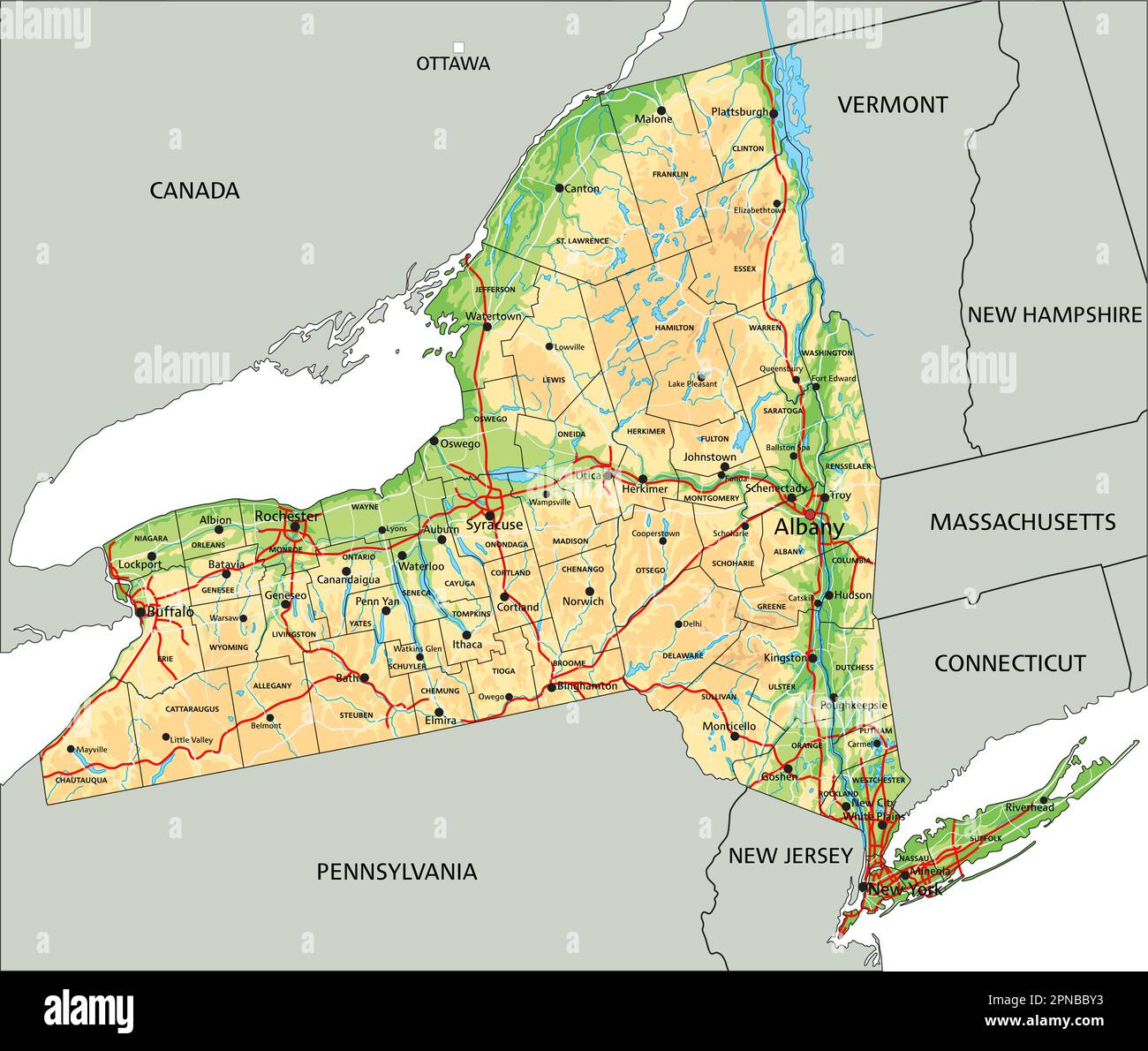 High detailed New York physical map with labeling Stock Vector Image & Art Alamy