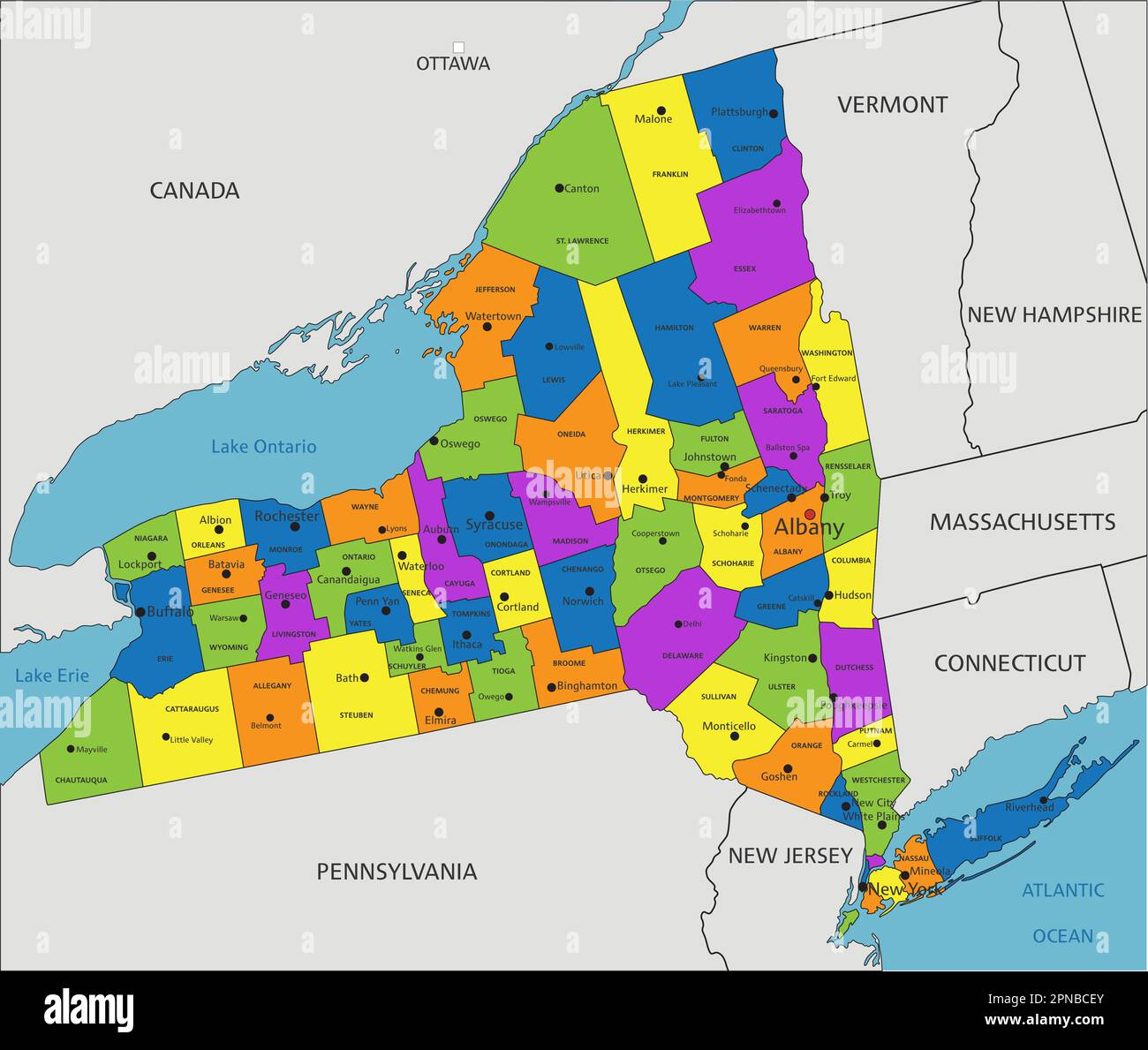 Colorful New York political map with clearly labeled, separated layers