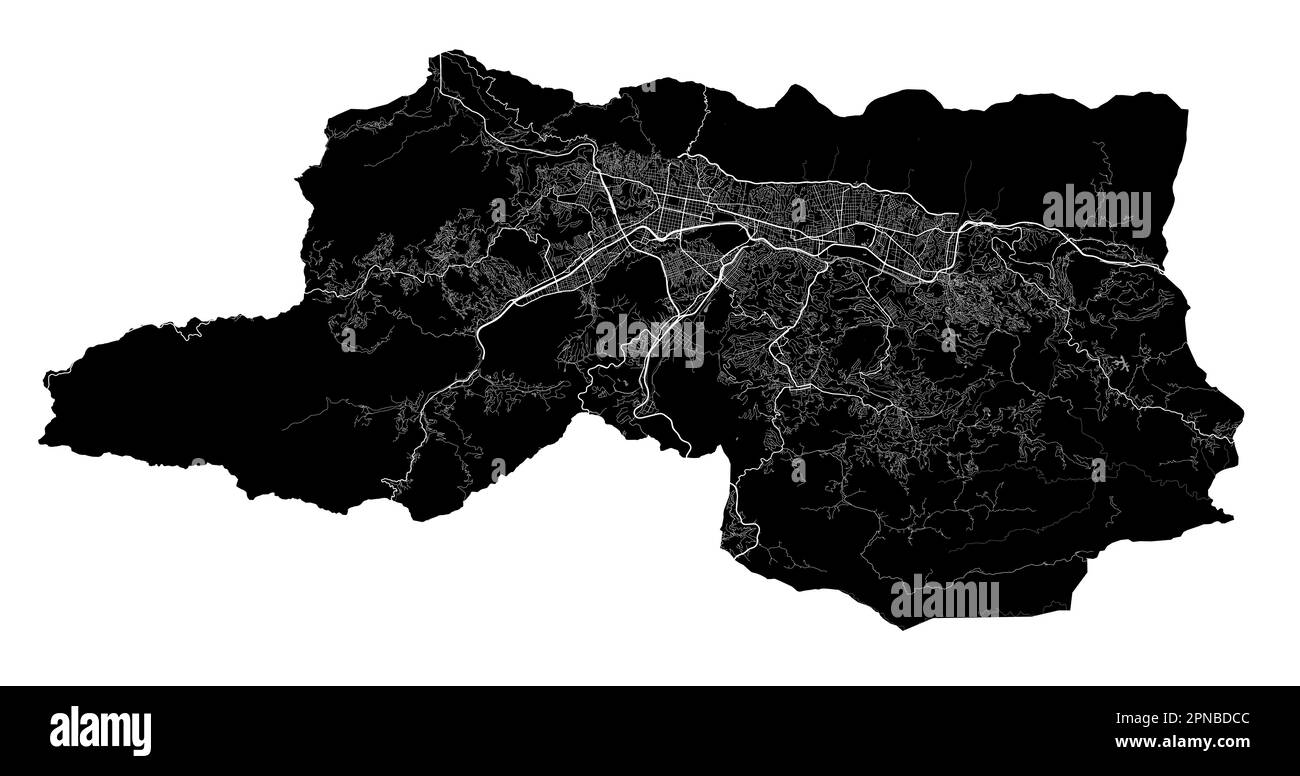 Caracas map. Detailed vector map of Caracas city administrative area. Cityscape poster metropolitan aria view. Black land with white roads and avenues Stock Vector