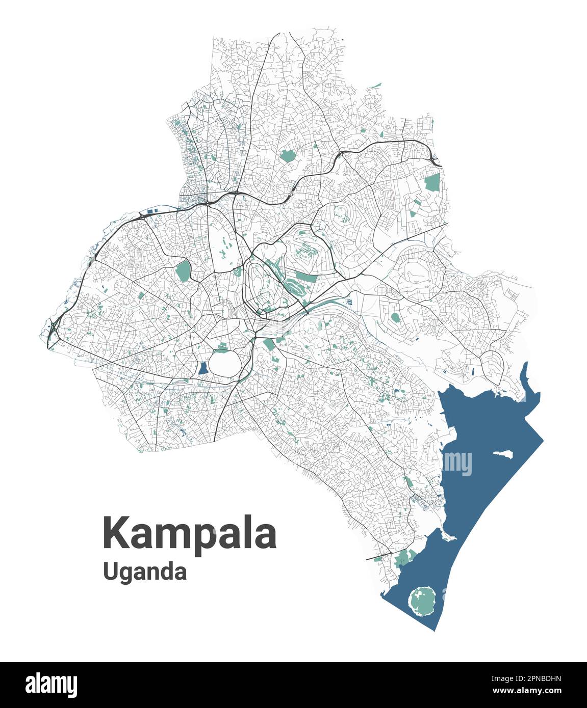 Kampala map, capital city of Uganda. Municipal administrative area map with rivers and roads, parks and railways. Vector illustration. Stock Vector
