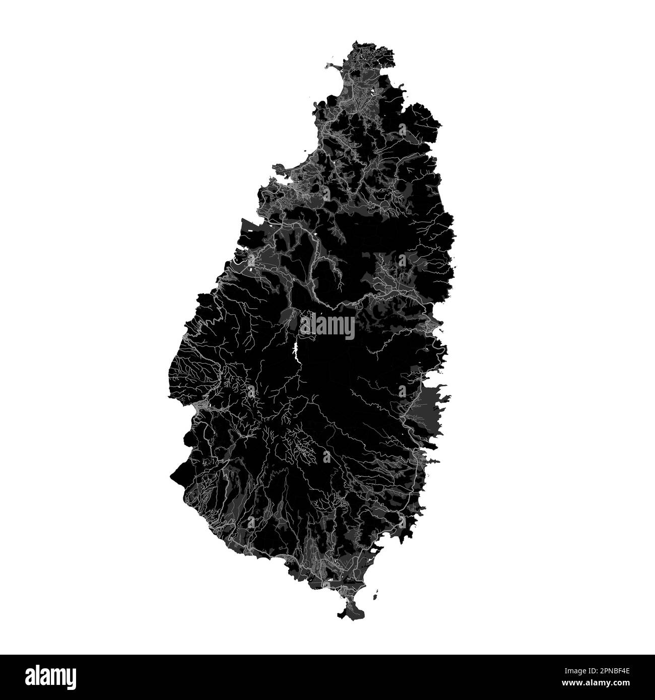 Black Saint Lucia map, Caribbean island country. Detailed map with administrative border, coastline, sea and forests, cities and roads. Stock Vector