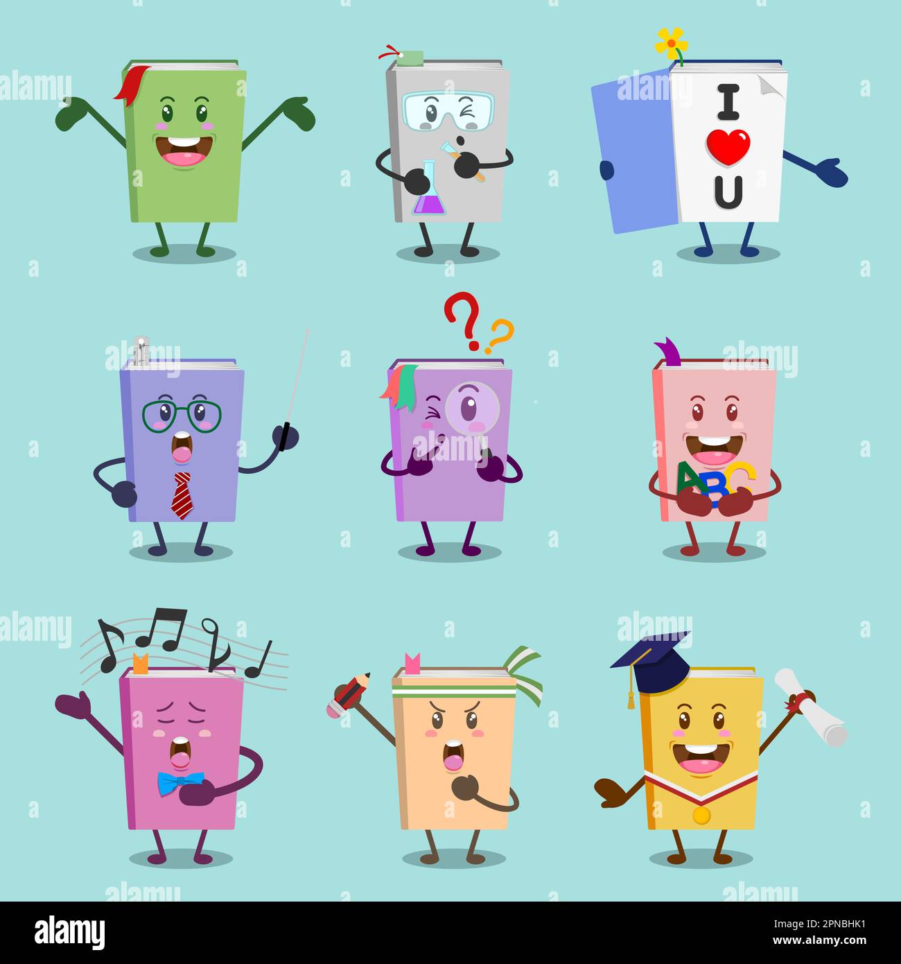 Cute Book Characters With Expressions Set Stock Vector