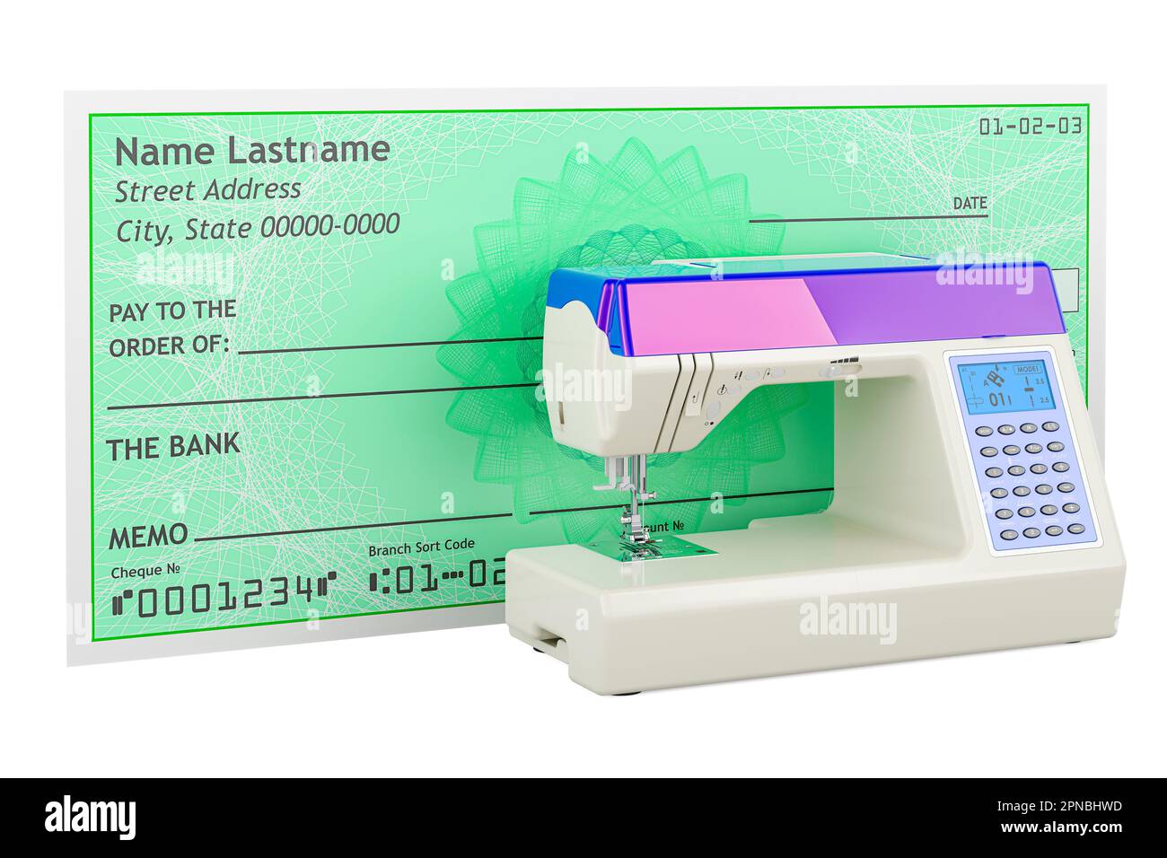 Electronic sewing machine with blank bank check. 3D rendering isolated