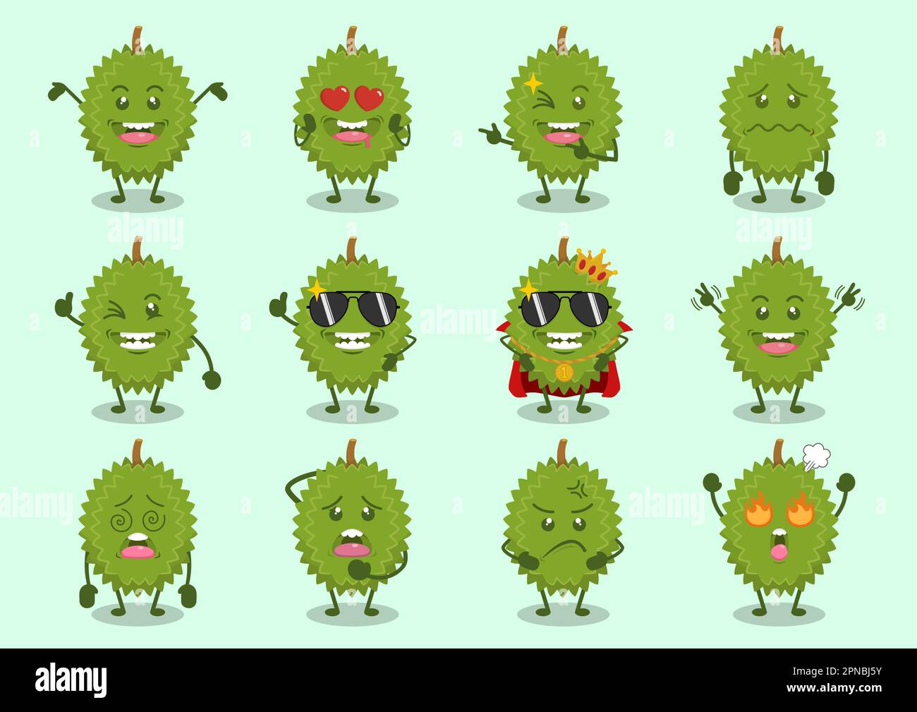 Cute Durian Cartoon Characters Set Stock Vector