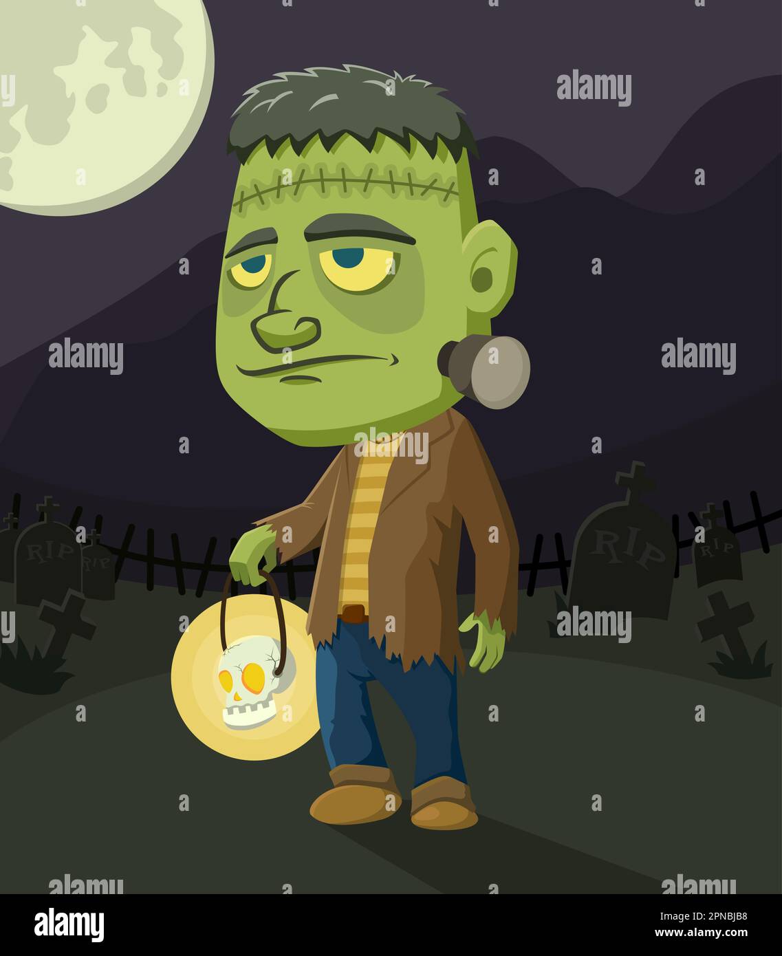 Cartoon Halloween Frankenstein Monster And Graveyard Stock Vector Image ...