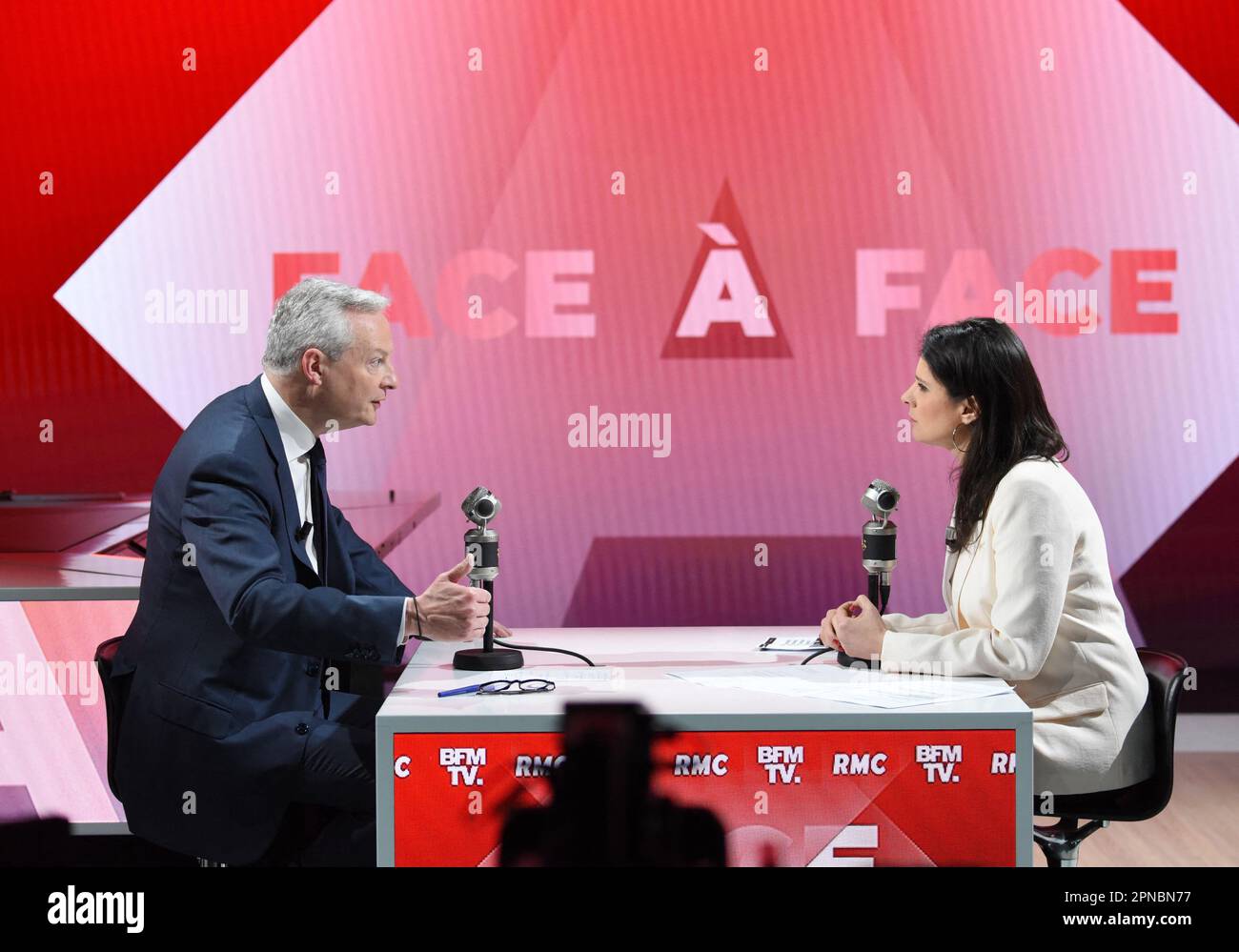 Bruno Le Maire is interviewed by Apolline de Malherbe on RMC/BFMTV in
