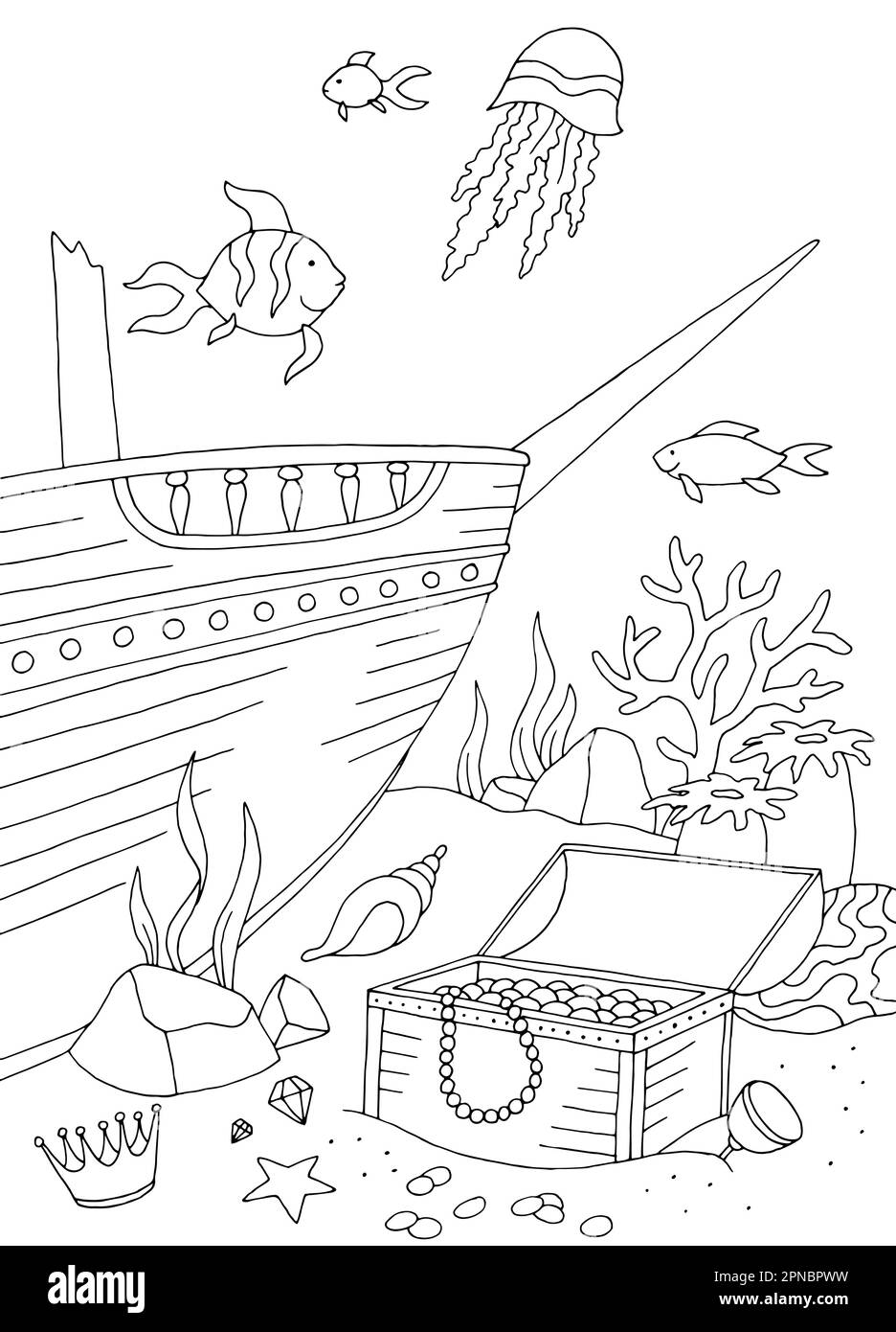 Treasure chest underwater graphic sea broken ship black white sketch illustration vector Stock Vector