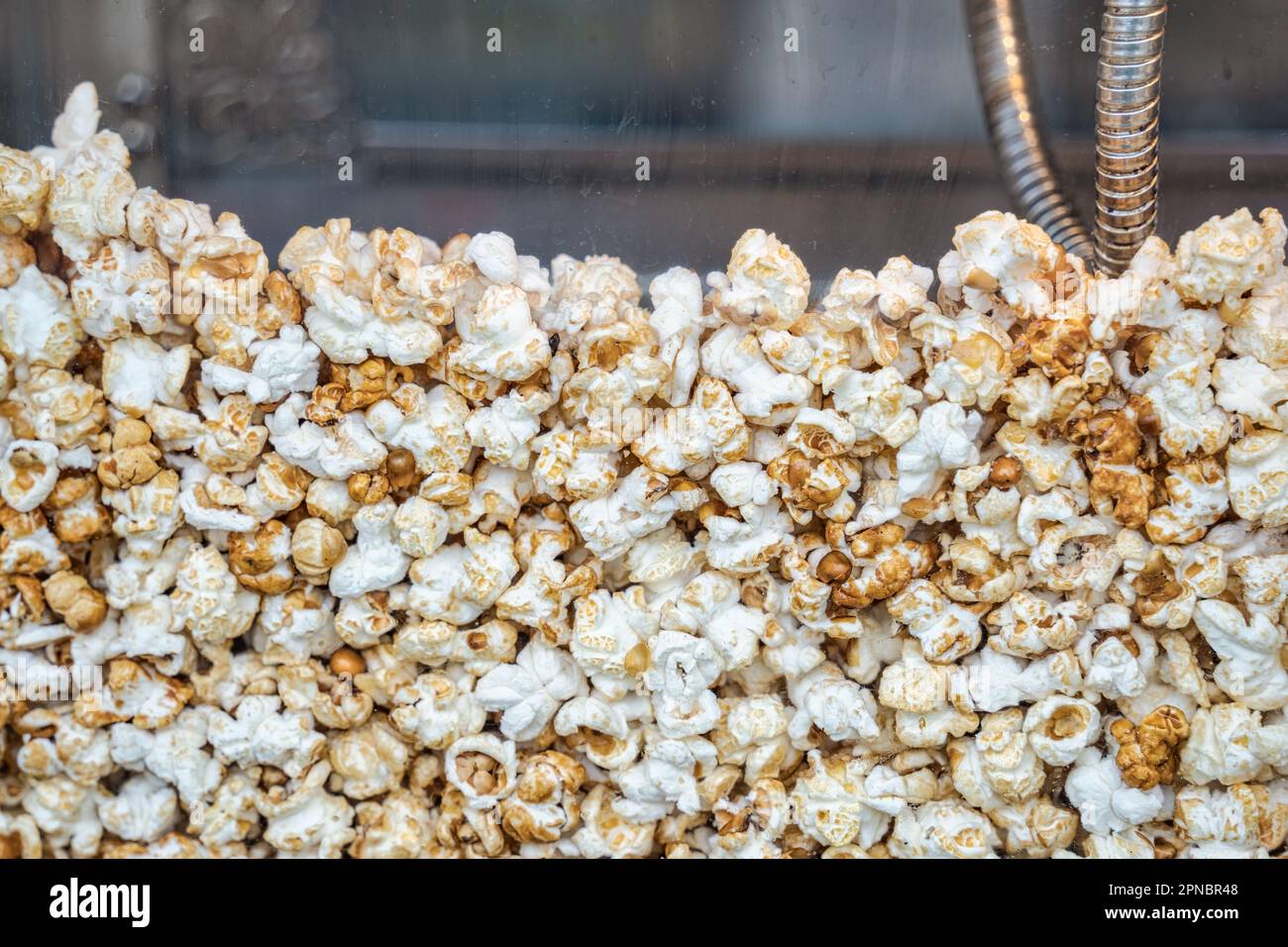 Close up with a fresh salty popcorn. Machine popcorn maker texture background. Stock Photo