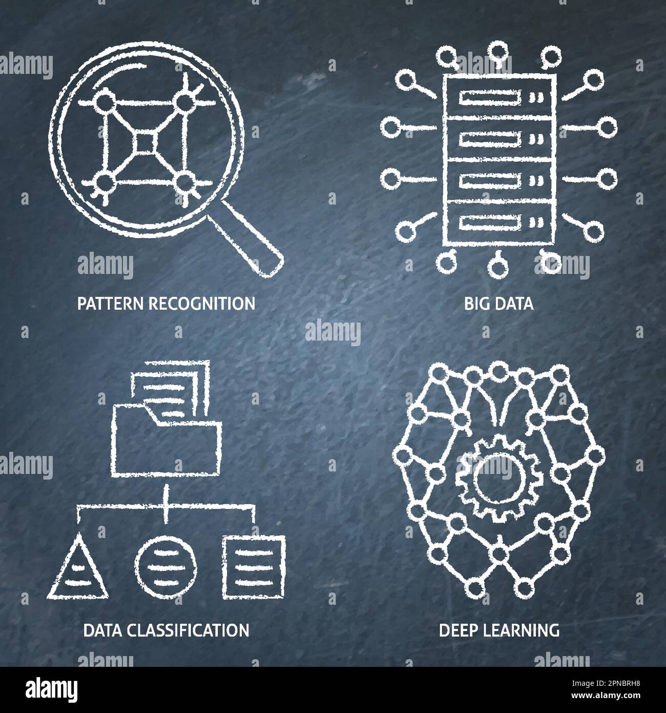 Data classification and deep learning chalkboard icon set. Vector ...