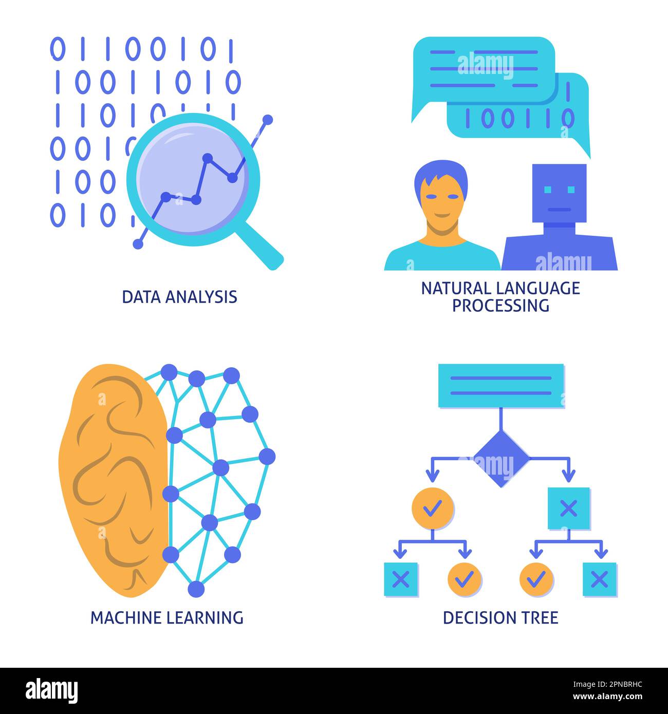 Data analysis and machine learning flat icon set. Vector illustration ...