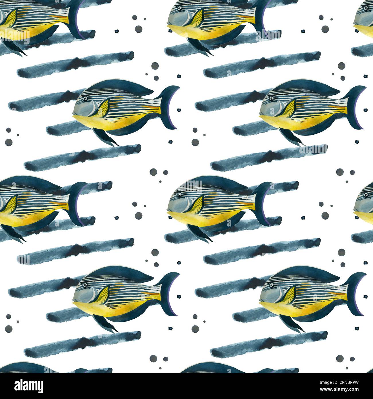 Seamless pattern on the marine theme. Striped fish in blue with yellow and blue stripes, hand-drawn in watercolor on a white background. Suitable for Stock Photo