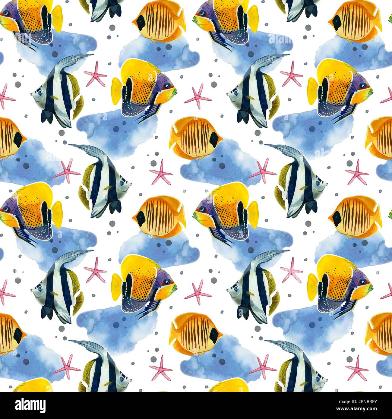 Seamless pattern. Tropical fish in bright colors, pink stars and blue spots hand-drawn in watercolor on a white background. Stock Photo