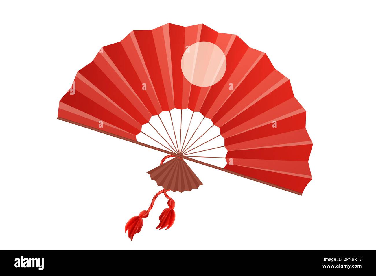 Japan traditional fan, hand accessory with wooden details with fringe in cartoon style isolated on white background. Vector illustration Stock Vector