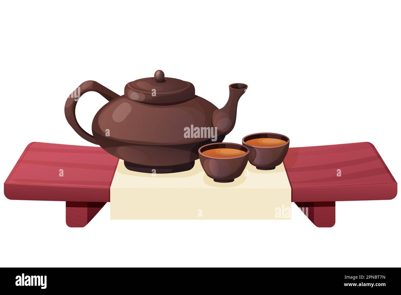 Traditional Japanese kettle or teapot with cups on wooden table, tea