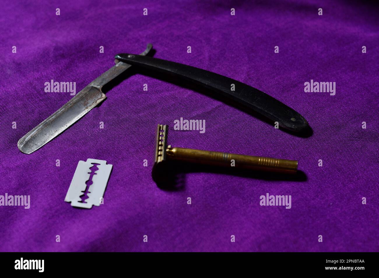 Image of vintage straight Razor, folding ustraa, shaving blade and
