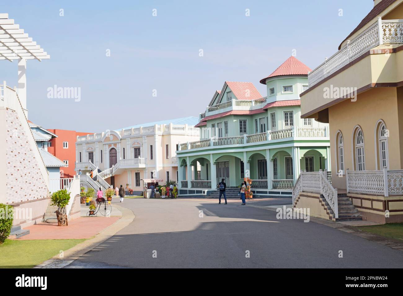Movie city at Ramoji Film City in Hyderabad, India, is a versatile and picturesque location for filmmaking, featuring diverse architectural styles, st Stock Photo