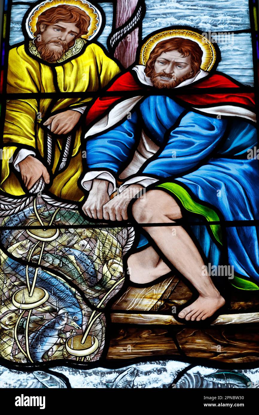 Song Vinh Church. Stained glass. Jesus and his apostles fishing. The