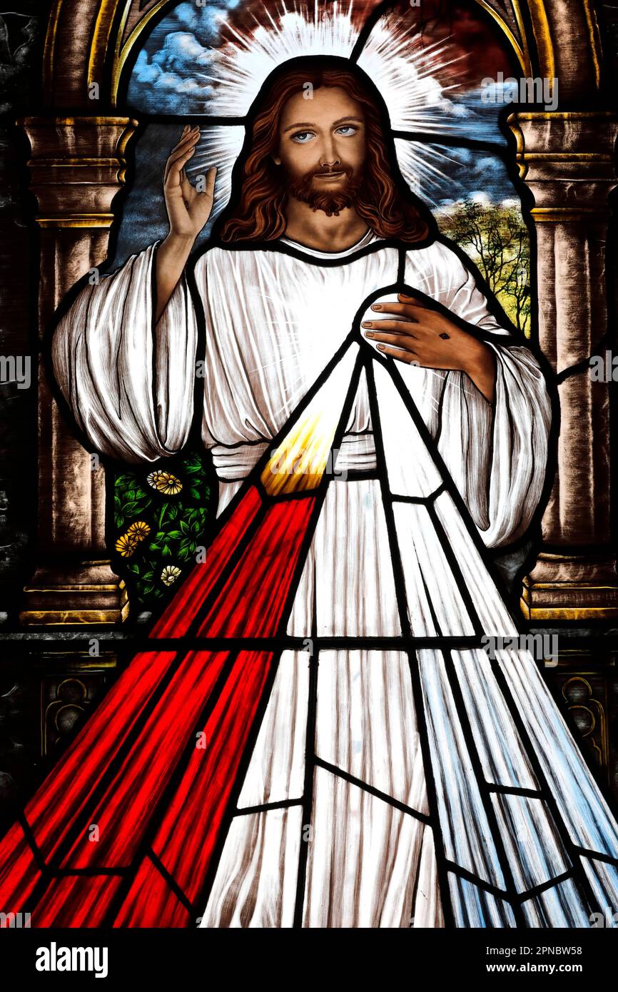 Song Vinh Church. Stained glass. Jesus as The Divine Mercy. I Trust in