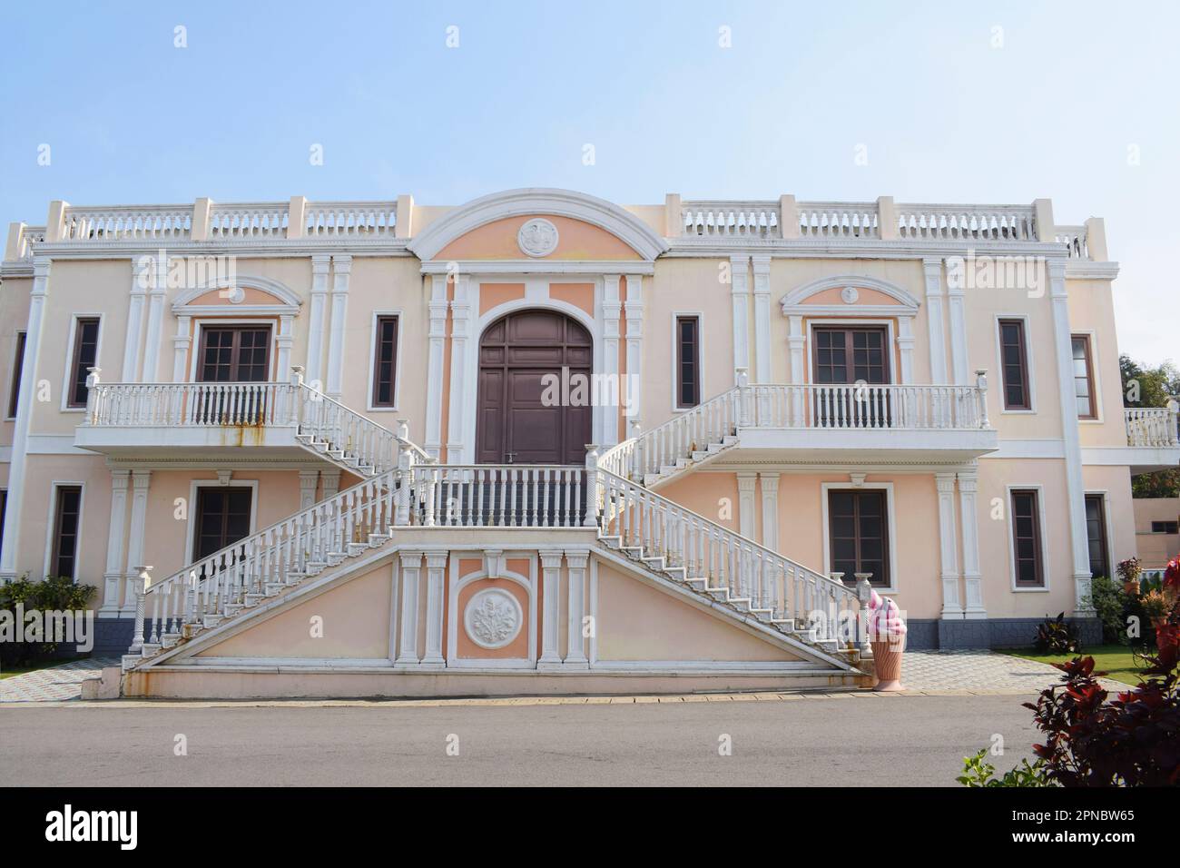 A Building of Movie Set, Ramoji Film City, Hyderabad, India. Featuring diverse architectural styles, streetscapes, and backdrops, attracting film prod Stock Photo