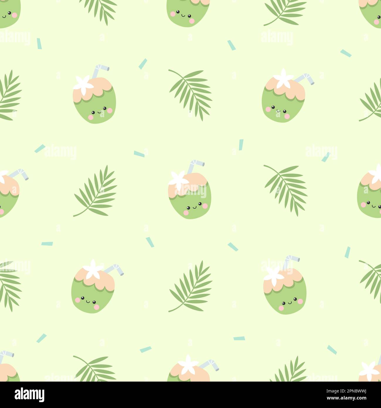cute summer coconut and tropical palm leaves seamless pattern Stock ...