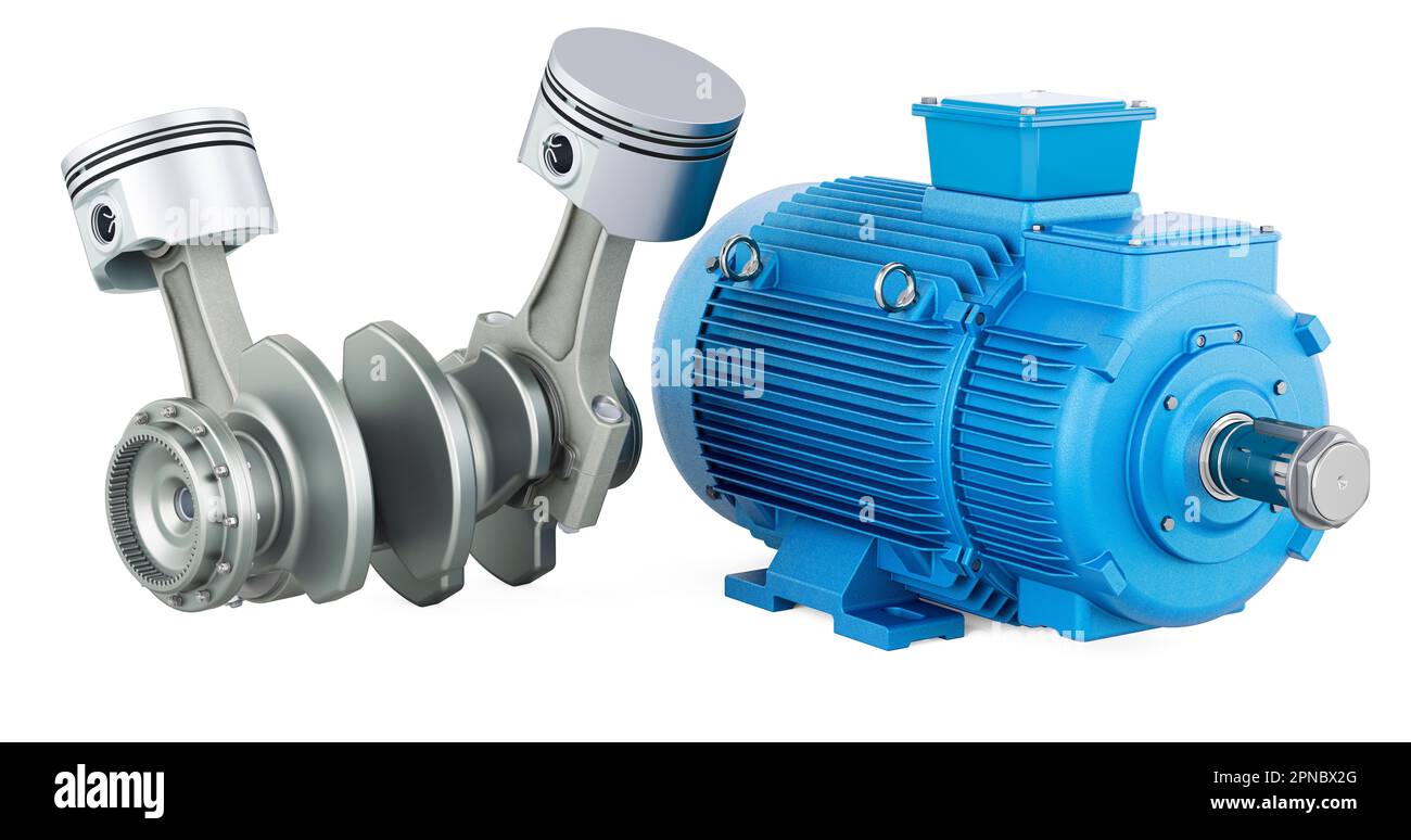 Engine pistons with electric motor, 3D rendering isolated on white