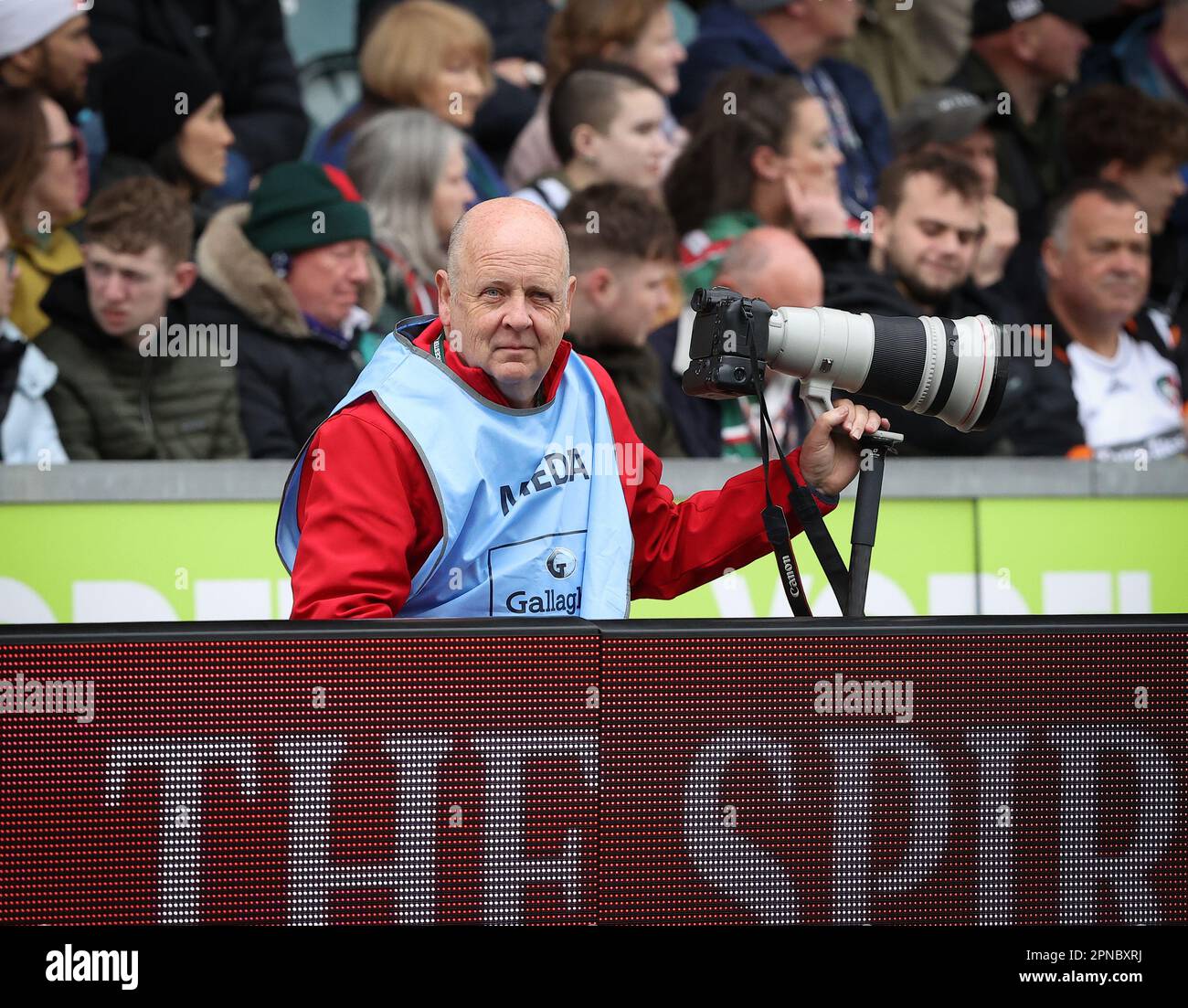 16.04.2023   Leicester, England. Rugby Union.                   Tiger Images photographer Malcolm Couzens during a lapse in play of the Gallagher Premiership match played between Leicester Tigers and Exeter Chiefs at the Mattioli Woods Welford Road Stadium, Leicester.  © Phil Hutchinson Stock Photo