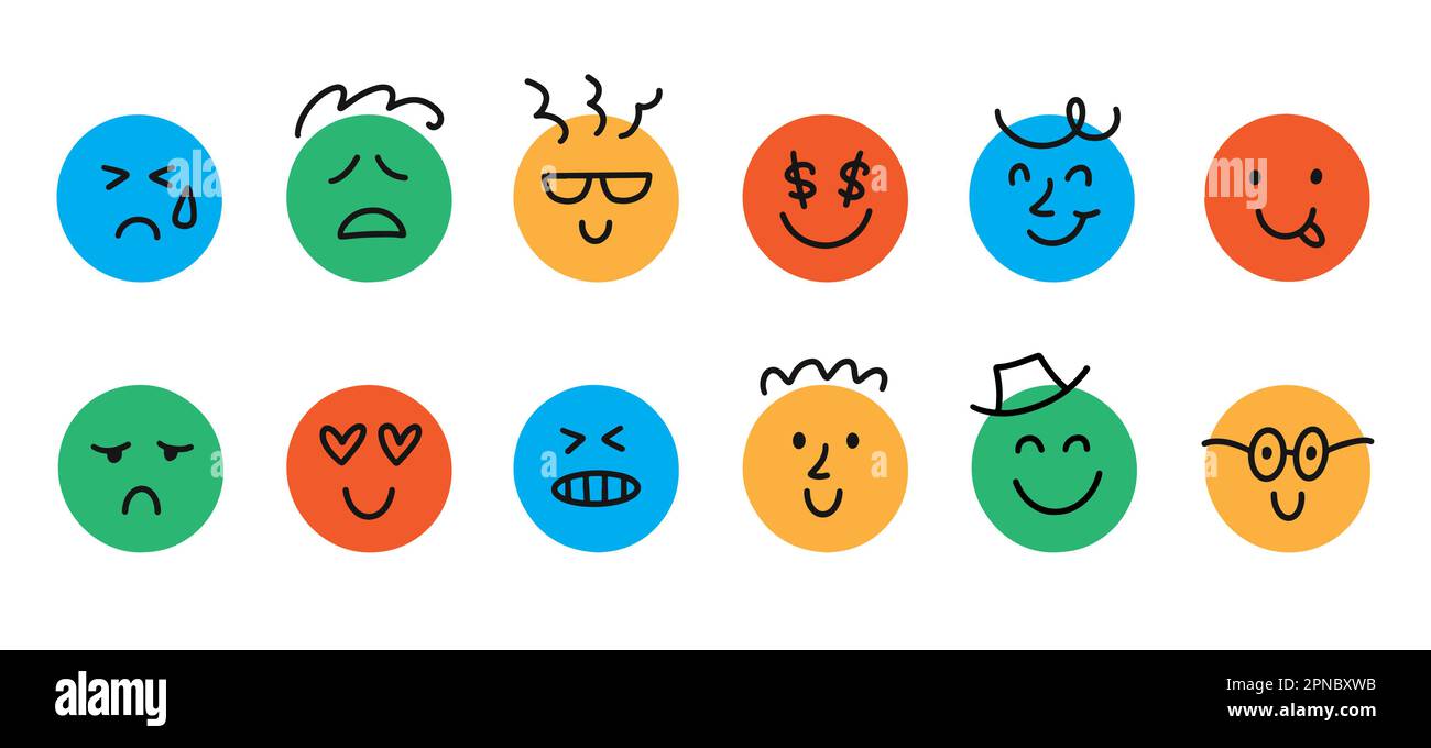 Fun Emoji Icon Set, Emoticon Doodle Faces Emotions Stock Vector