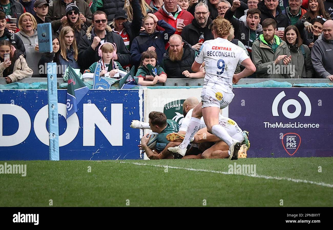 16.04.2023   Leicester, England. Rugby Union.                   Tigers Freddie Steward is fouled approaching the try-line after which a penalty try is awarded during the Gallagher Premiership match played between Leicester Tigers and Exeter Chiefs at the Mattioli Woods Welford Road Stadium, Leicester.  © Phil Hutchinson Stock Photo