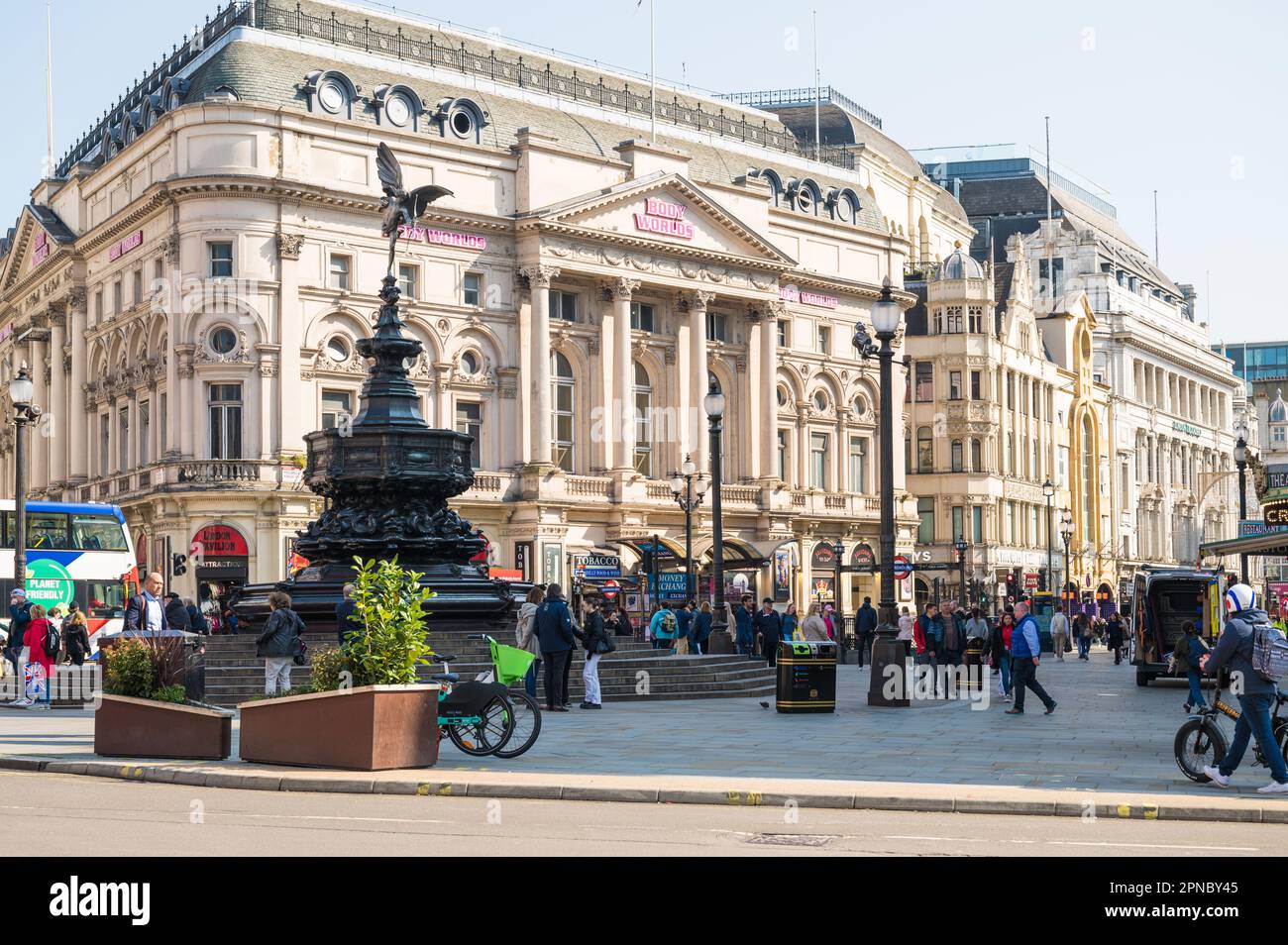 Piccadilly Circus, Shaftesbury Memorial Fountain and statue of Anteros, aka Eros. London Pavillion,Trocadero Centre in background. London, England, UK Stock Photo