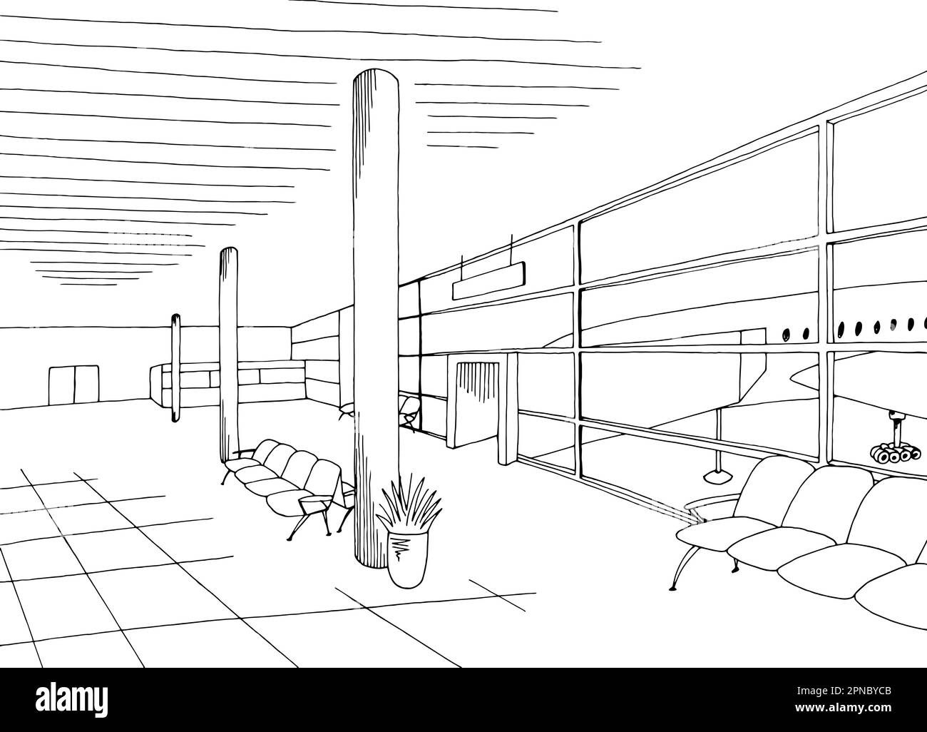 Airport interior gate graphic black white sketch illustration vector Stock Vector
