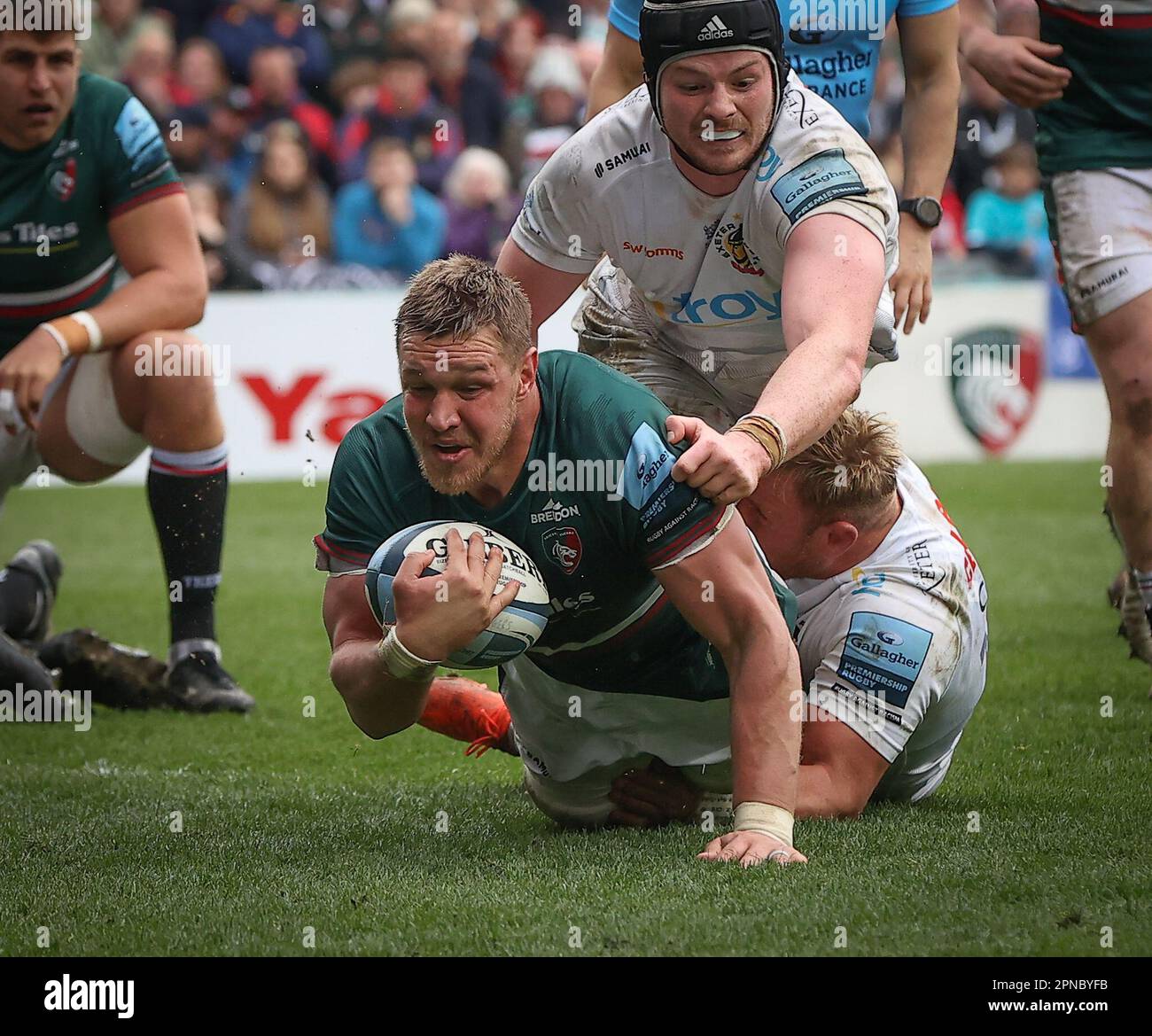 16.04.2023   Leicester, England. Rugby Union.                   Tigers Hanro Liebenberg just fails to reach the try-line during the Gallagher Premiership match played between Leicester Tigers and Exeter Chiefs at the Mattioli Woods Welford Road Stadium, Leicester.  © Phil Hutchinson Stock Photo