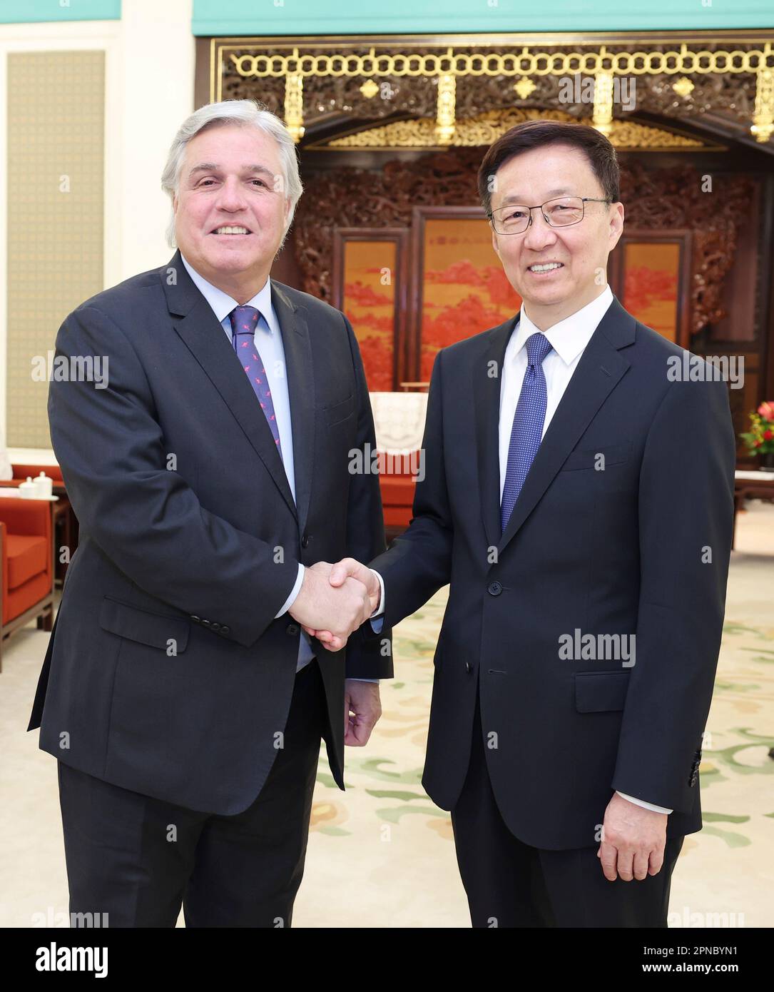 Beijing, China. 18th Apr, 2023. Chinese Vice President Han Zheng meets with Francisco Bustillo Bonasso, minister of Foreign Affairs of the Oriental Republic of Uruguay, in Beijing, capital of China, April 18, 2023. Credit: Yao Dawei/Xinhua/Alamy Live News Stock Photo