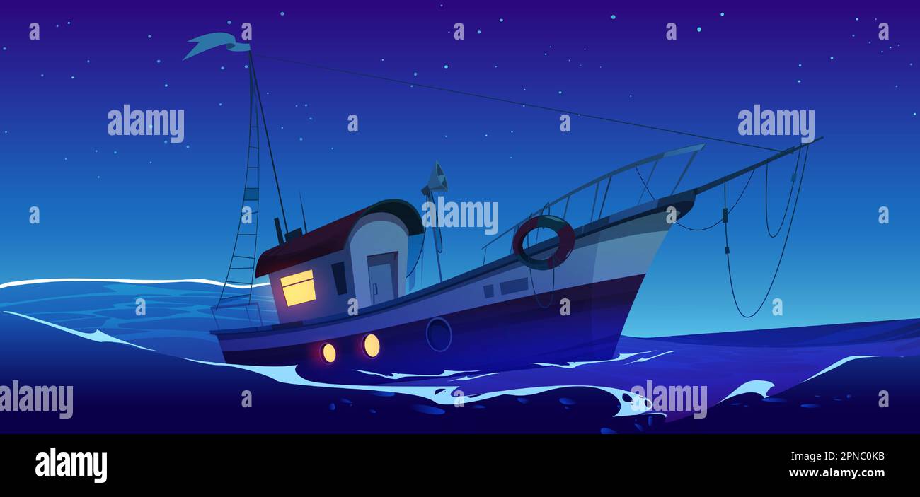 Fishing boat in sea or ocean at night. Fisherman ship, trawler on water waves. Night seascape with marine vessel and starry sky, vector cartoon illustration Stock Vector