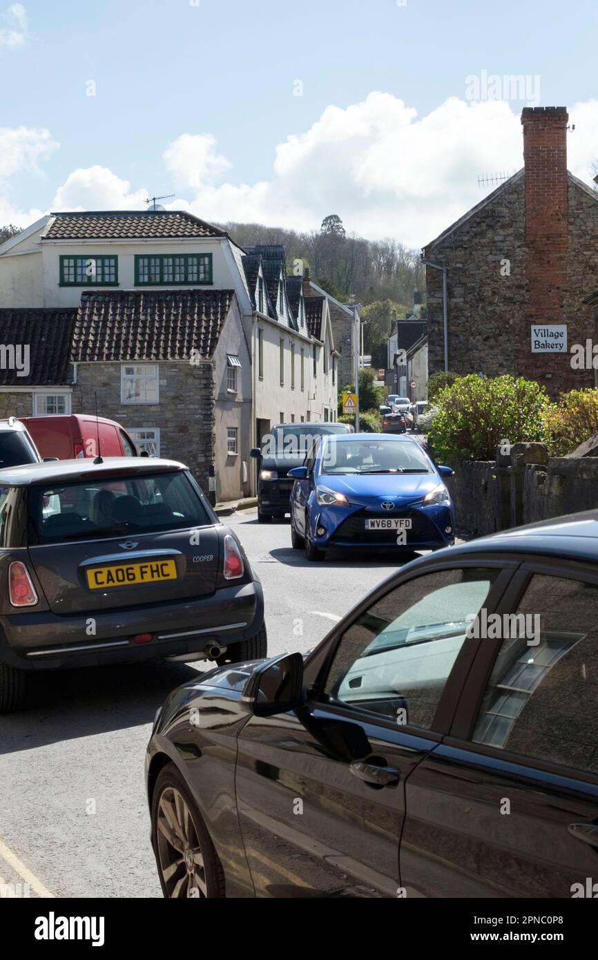 Around the Somerset village of Banwell. Traffic congestion at the narrowest part of the village, Stock Photo